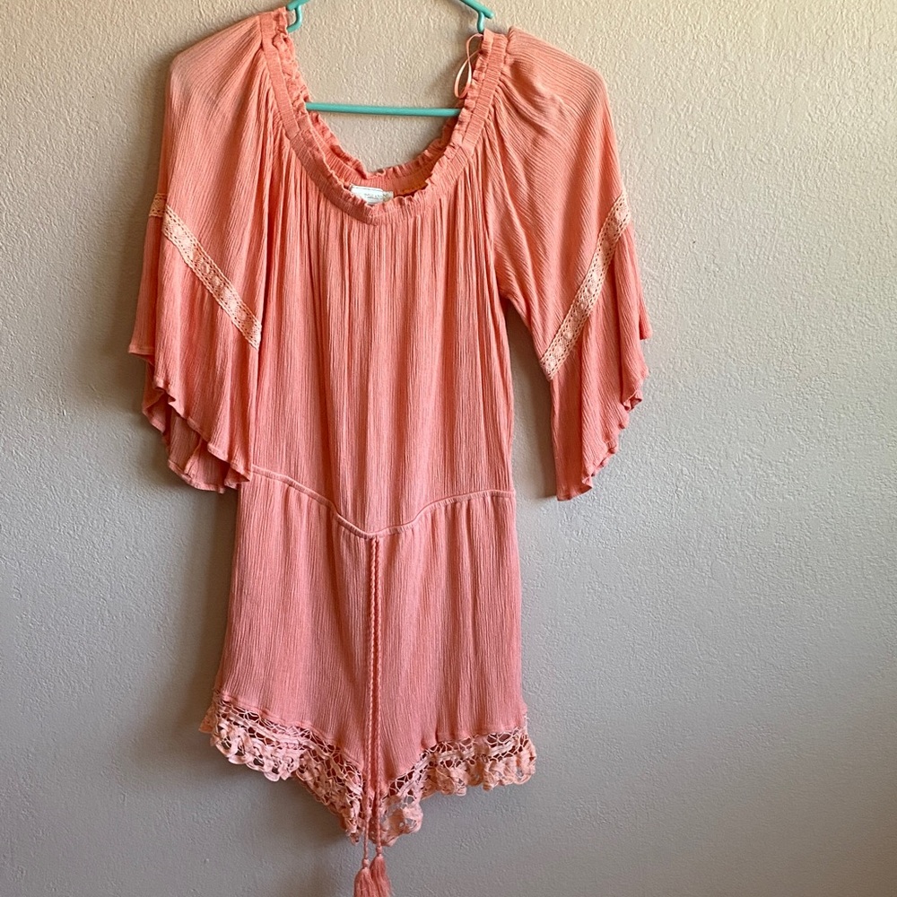 FLYING TOMATO Coral Peach Crochet-Trim Romper
